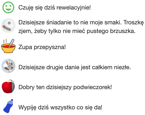 Podgląd dnia dziecka w aplikacji dla rodzica eDziecko Przedszkole — zaznaczone aktywności: samopoczucie, śniadanie, zupa, drugie danie, podwieczorek
