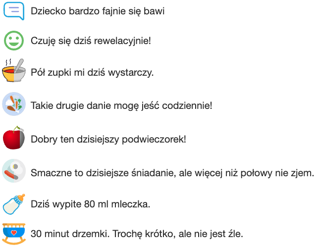 Podgląd dnia dziecka w aplikacji dla rodzica eDziecko Żłobek — zaznaczone aktywności: zabawa, samopoczucie, posiłki, wypite mleczko 80 ml, 30 minut drzemki